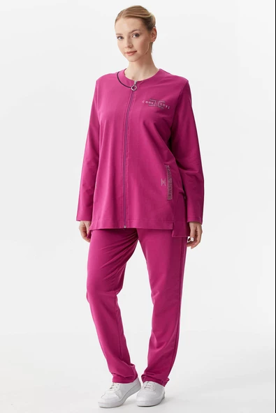 Büyük Beden Taş Detaylı Eşofman Takım - Fuşya - Resim 2