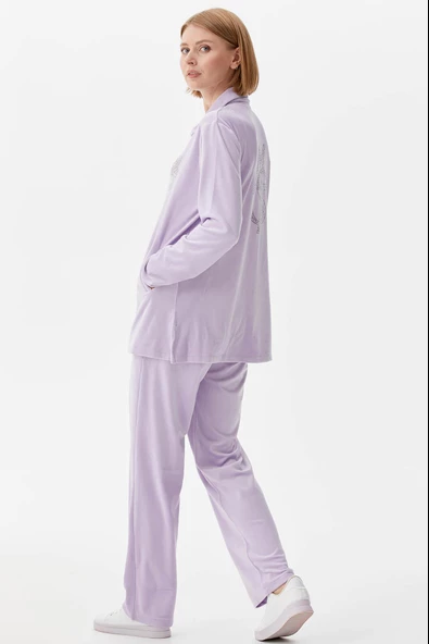 Geniş Kalıp Kadife Tunik Eşofman Takım - Lila - 4