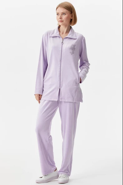 Geniş Kalıp Kadife Tunik Eşofman Takım - Lila - 2