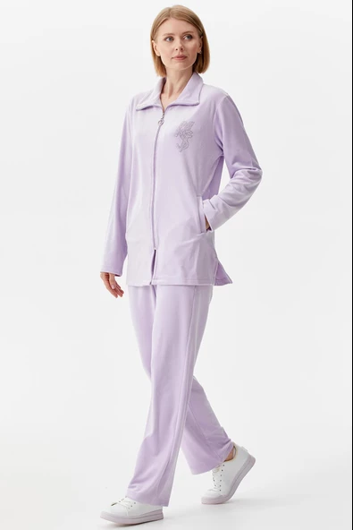 Geniş Kalıp Kadife Tunik Eşofman Takım - Lila - 3