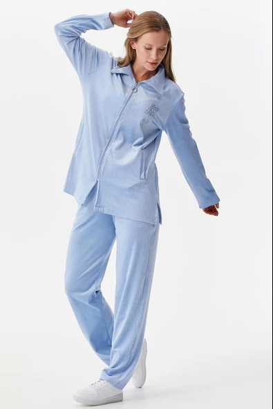 Geniş Kalıp Kadife Tunik Eşofman Takım - Mavi ürün görseli 1