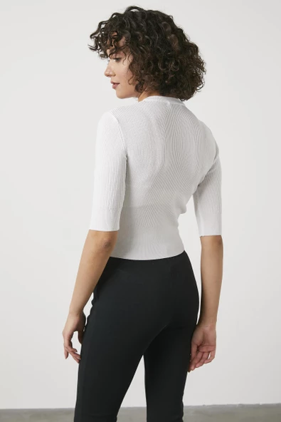 Sıfır Yaka Kapri Kol Triko Kazak - Beyaz - 4
