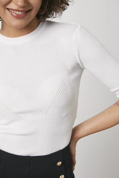 Sıfır Yaka Kapri Kol Triko Kazak - Beyaz - 2