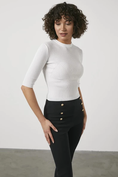 Sıfır Yaka Kapri Kol Triko Kazak - Beyaz - 3