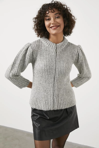 Pullu Fermuarlı Triko Hırka - Gri - Resim 4