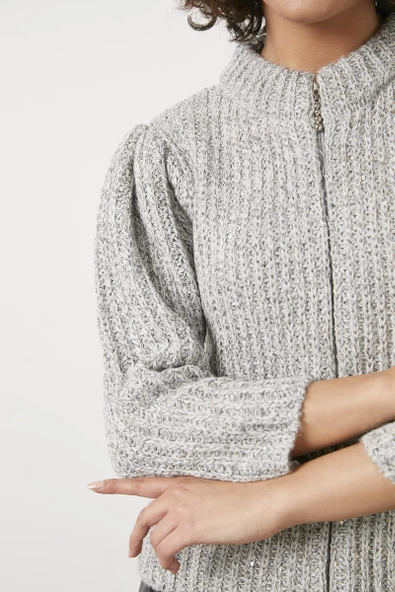 Pullu Fermuarlı Triko Hırka - Gri - Resim 3