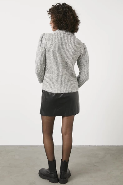 Pullu Fermuarlı Triko Hırka - Gri - Resim 5