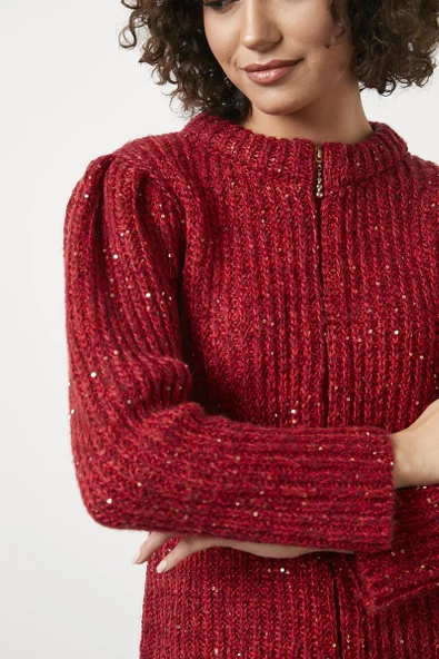 Pullu Fermuarlı Triko Hırka - Kırmızı - Resim 2