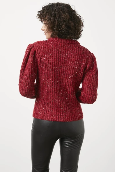 Pullu Fermuarlı Triko Hırka - Kırmızı - Resim 3