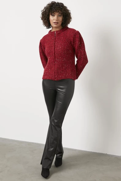 Pullu Fermuarlı Triko Hırka - Kırmızı - Resim 5
