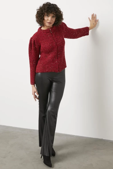 Pullu Fermuarlı Triko Hırka - Kırmızı - Resim 4