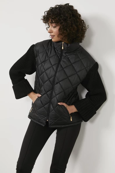 Triko Kombinli Kapitone Dik Yaka Mont - Siyah - 6