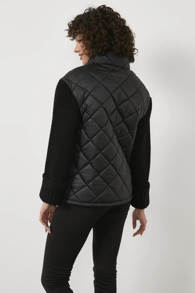 Triko Kombinli Kapitone Dik Yaka Mont - Siyah - 7