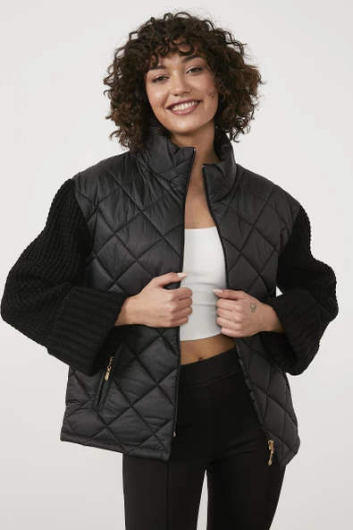 Triko Kombinli Kapitone Dik Yaka Mont - Siyah - 4