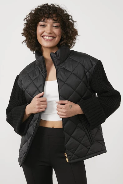 Triko Kombinli Kapitone Dik Yaka Mont - Siyah - 3