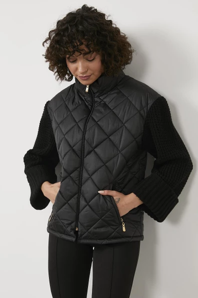 Triko Kombinli Kapitone Dik Yaka Mont - Siyah - 5