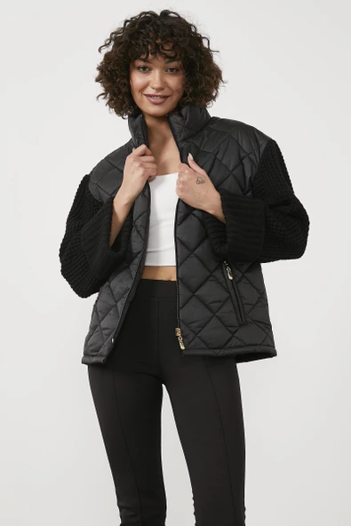 Triko Kombinli Kapitone Dik Yaka Mont - Siyah - 2