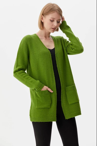 V Yaka Cepli Kadın Triko Ceket - Yeşil - Resim 2