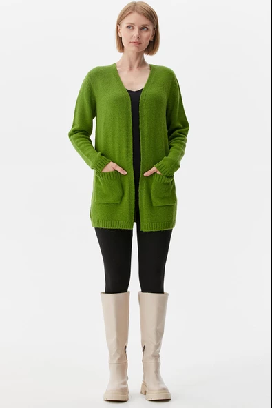 V Yaka Cepli Kadın Triko Ceket - Yeşil ürün görseli