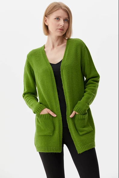 V Yaka Cepli Kadın Triko Ceket - Yeşil - Resim 3