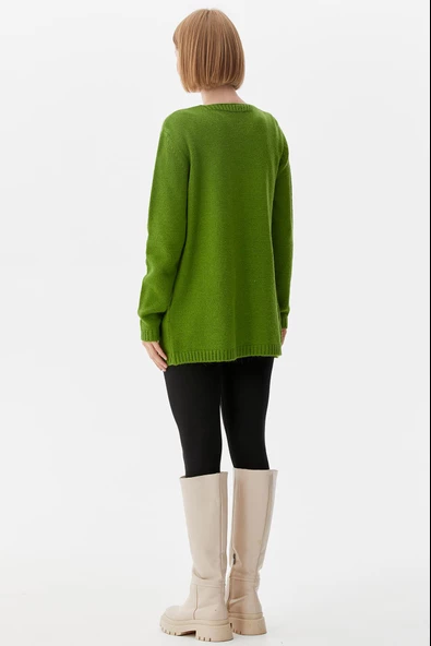 V Yaka Cepli Kadın Triko Ceket - Yeşil - Resim 5