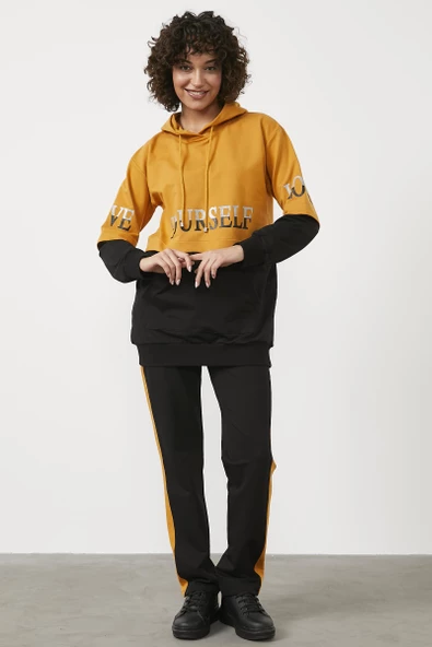 Geniş Kalıp Çift Renk Eşofman Takım - Hardal - Resim 2