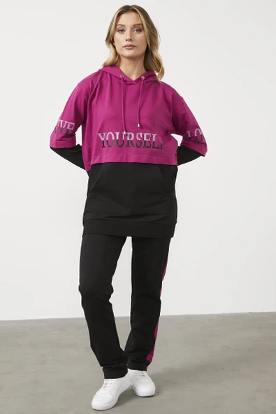 Geniş Kalıp Çift Renk Eşofman Takım - Fuşya - Resim 2