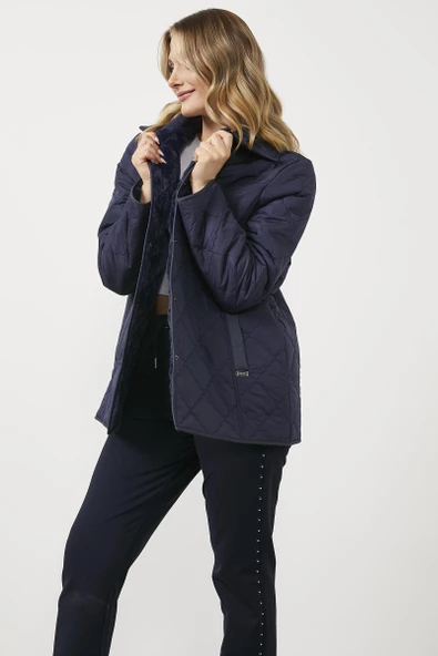 Kapitone Rahat Kalıp İçi Peluş Mont - Lacivert - 2