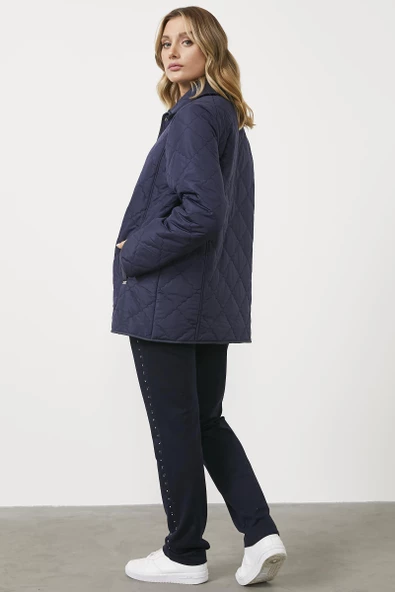 Kapitone Rahat Kalıp İçi Peluş Mont - Lacivert - 6