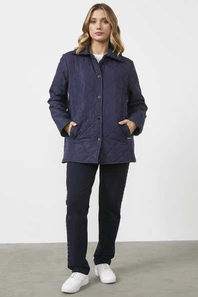 Kapitone Rahat Kalıp İçi Peluş Mont - Lacivert - 4