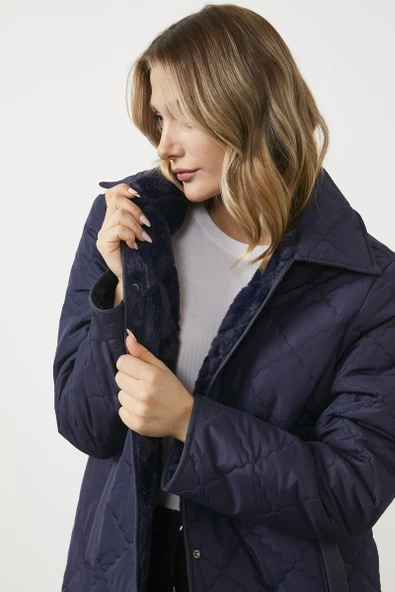 Kapitone Rahat Kalıp İçi Peluş Mont - Lacivert - 5