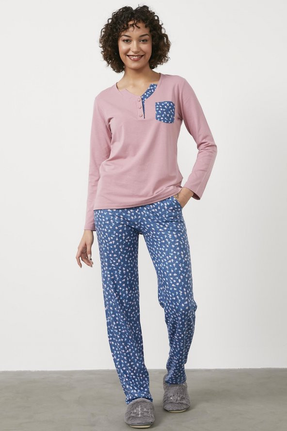 Modal Desen Kombinli Pijama Takım - Gül