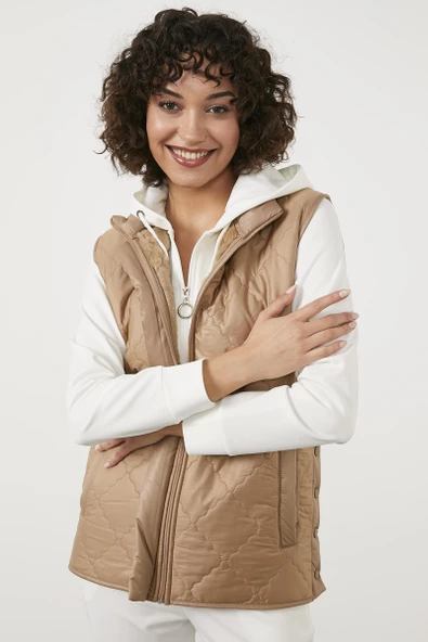 Kapitone İçi Peluş Yelek - Bej - 3