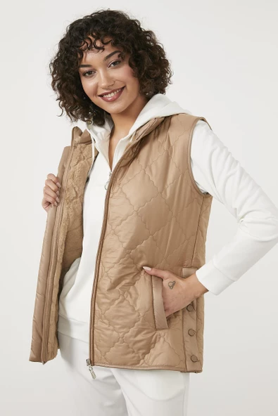 Kapitone İçi Peluş Yelek - Bej - 4