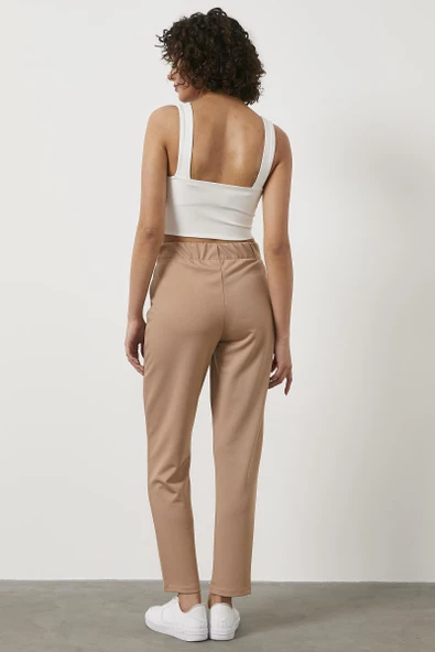 Beli Lastikli Önü İp Detaylı Eşofman Alt - Bej - Resim 5