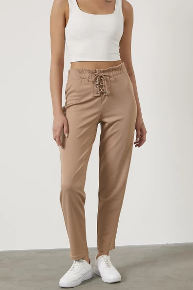 Beli Lastikli Önü İp Detaylı Eşofman Alt - Bej - Resim 2