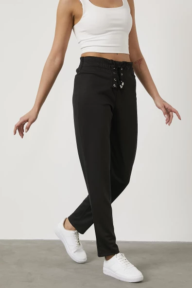 Beli Lastikli Önü İp Detaylı Eşofman Alt - Siyah - Resim 3