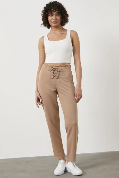 Beli Lastikli Önü İp Detaylı Eşofman Alt - Bej ürün görseli 1