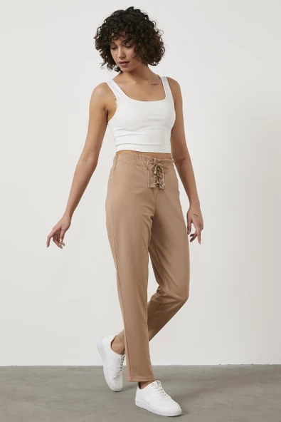 Beli Lastikli Önü İp Detaylı Eşofman Alt - Bej - Resim 4