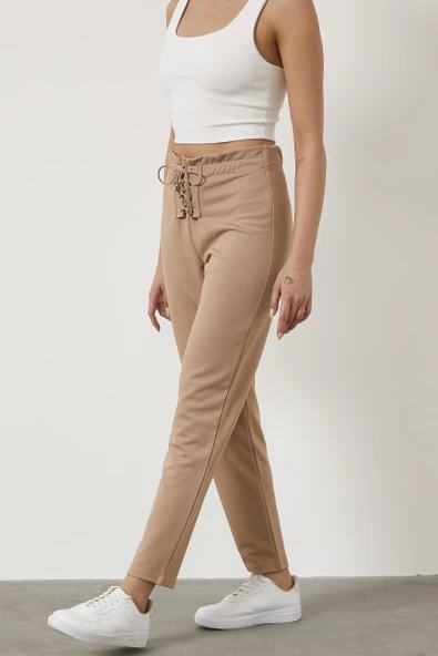 Beli Lastikli Önü İp Detaylı Eşofman Alt - Bej - Resim 3