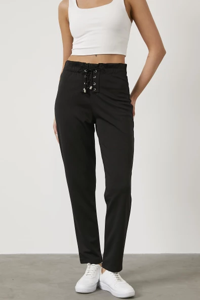 Beli Lastikli Önü İp Detaylı Eşofman Alt - Siyah - Resim 2