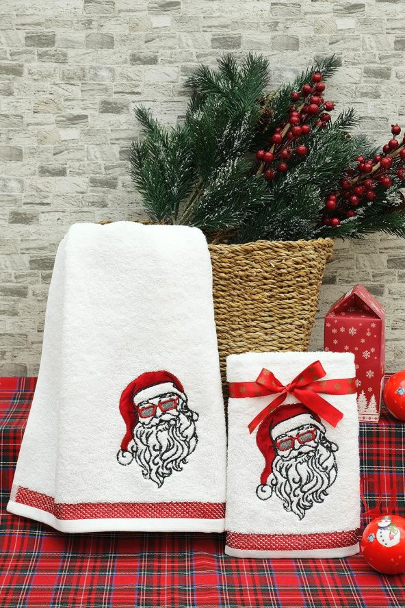 2li 46x71 Beyaz Gözlüklü Noel Baba Nakışlı Havlu