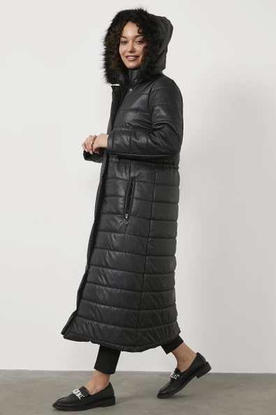 Kürk Kapüşonlu Uzun Kapitone Mont - Siyah - 5