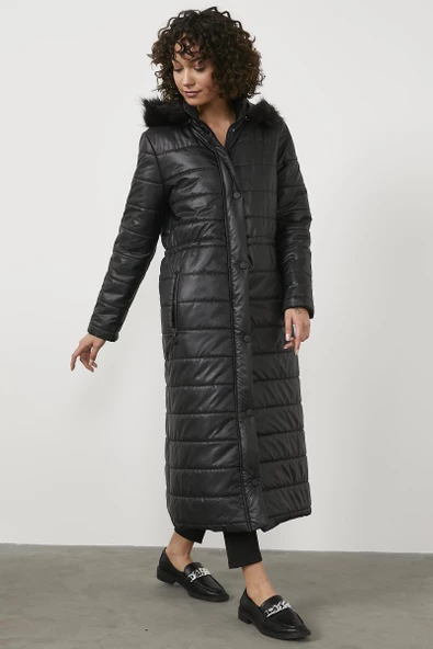 Kürk Kapüşonlu Uzun Kapitone Mont - Siyah - 3