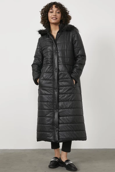 Kürk Kapüşonlu Uzun Kapitone Mont - Siyah - 2