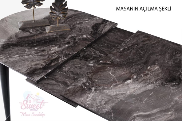 Skala Oval Mdf Açılır Masa Beyaz Mermer+ 4 Adet Simge Sandalye Takım - 2