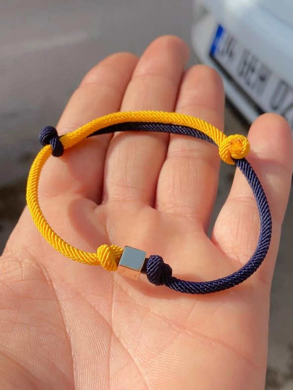 Unisex Trend Sarı Lacivert İpli Küp Bileklik 14 Ayar - 2