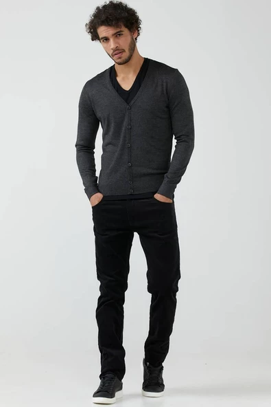 Erkek V Yaka Düğmeli Triko Hırka - Antrasit - 2