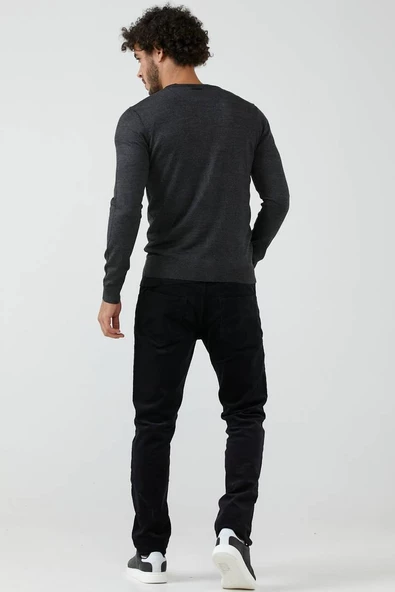 Erkek V Yaka Düğmeli Triko Hırka - Antrasit - 3