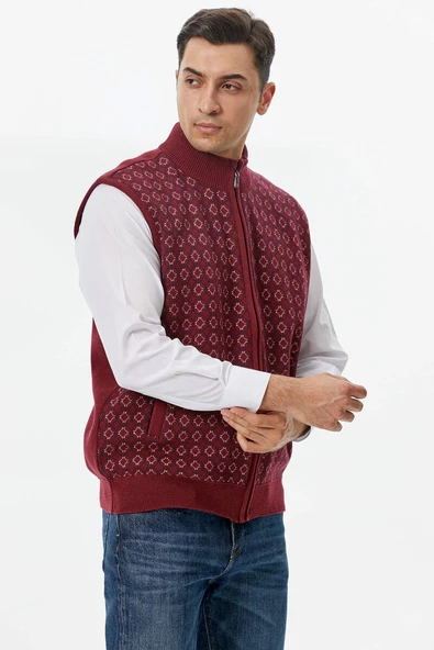 Erkek Dik Yaka Fermuarlı Cepli Triko Yelek - Bordo - Lacivert - 2